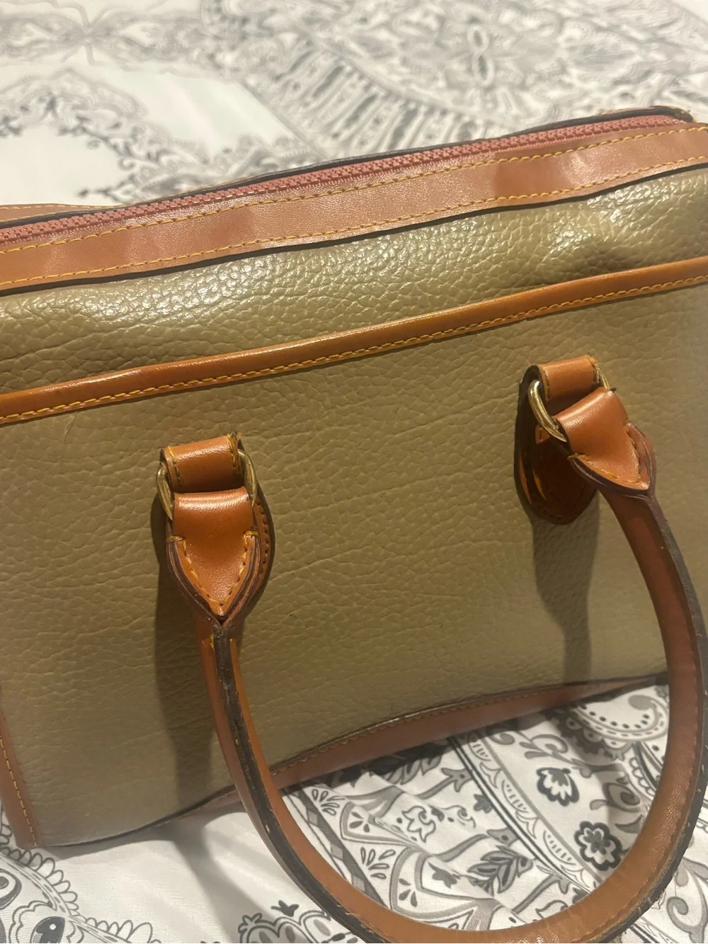 Dooney & Bourke Olive Green Pebbled Leather Satchel with Tan Trim